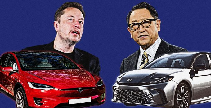 CEO Tesla Elon Musk và Chủ tịch Toyota Akio Toyoda. Ảnh đồ họa: WSJ